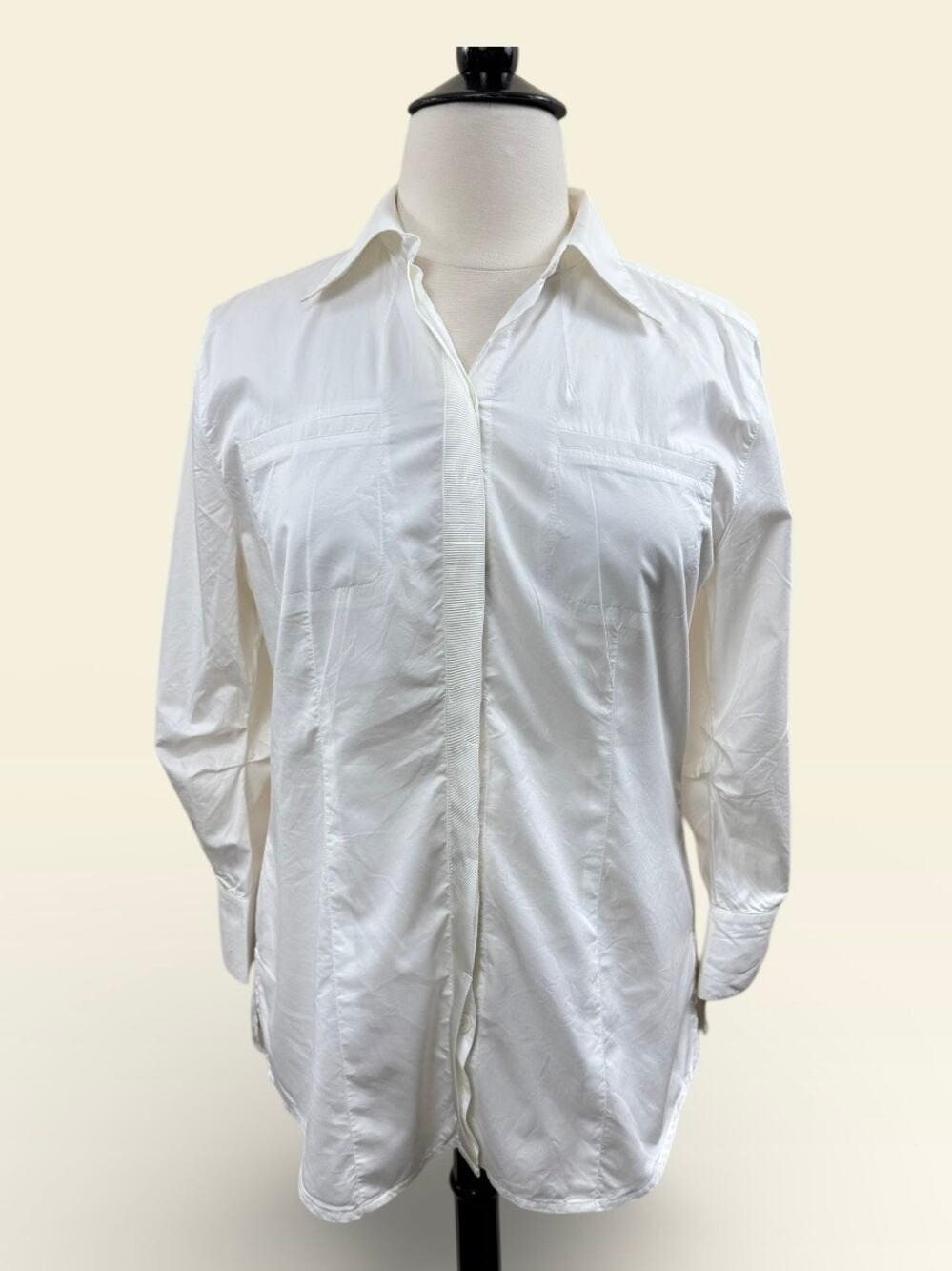 CAbi Long White Button Down Shirt with Grosgrain Trim, Size XL